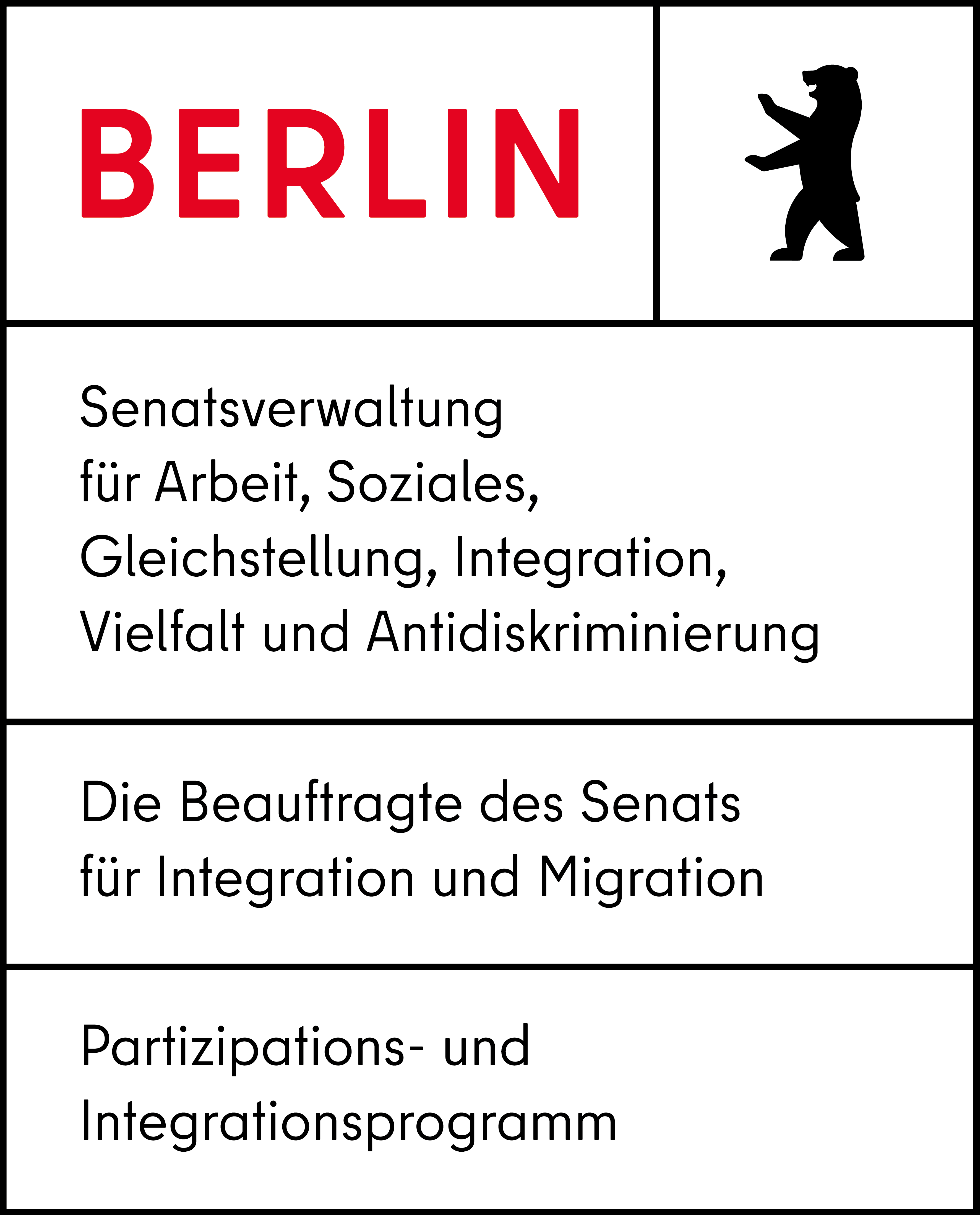 Logo: Berlin - Senatsverwaltung für Arbeit, Soziales, Gleichstellung, Integration, Vielfalt und Antidiskriminierung - Die Beauftrage des Senats für Integration und Migration - Patizipations- und Integrationsprogramm