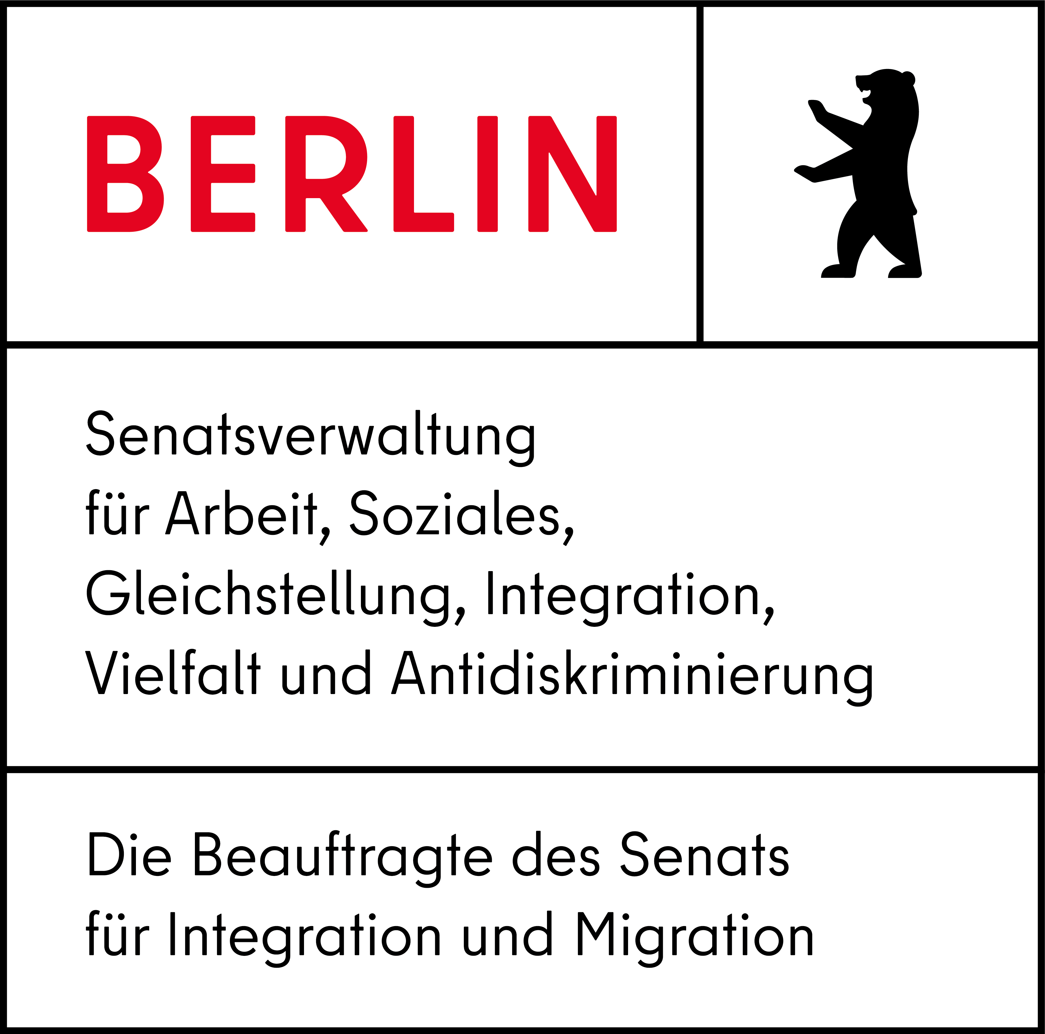 Logo: Berlin - Senatsverwaltung für Arbeit, Soziales, Gleichstellung, Integration, Vielfalt und Antidiskriminierung - Die Beauftrage des Senats für Integration und Migration